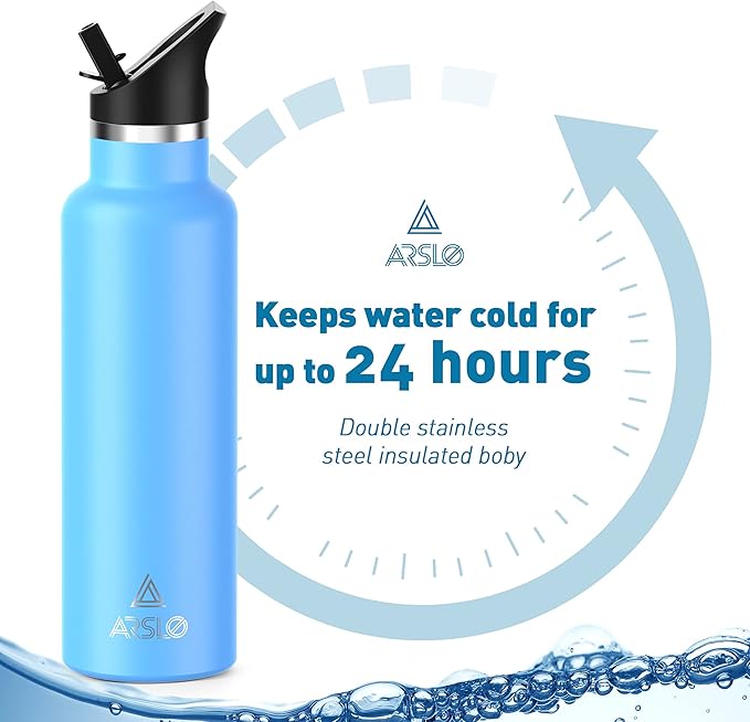 Stainless Steel Double Wall Water Bottles 20oz, Vacuum Insulated Bottle With Straw Lid, Insulated Water Bottle Keeps Water Cold for 24 Hours, Hot for 12 Hours, Hiking, Sports