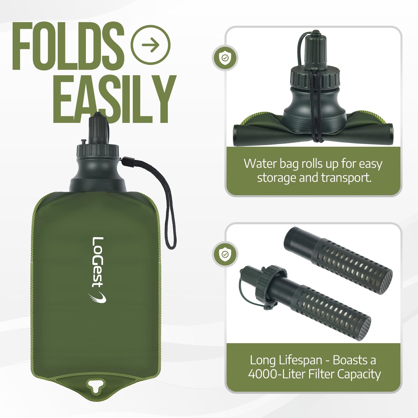LoGest Portable Foldable Water Filter Bag with Hose - Portable Personal Water Filtration Survival - for Emergency Kits Outdoor Activities and Hiking - Water Filter Camping Travel Survival Backpacking