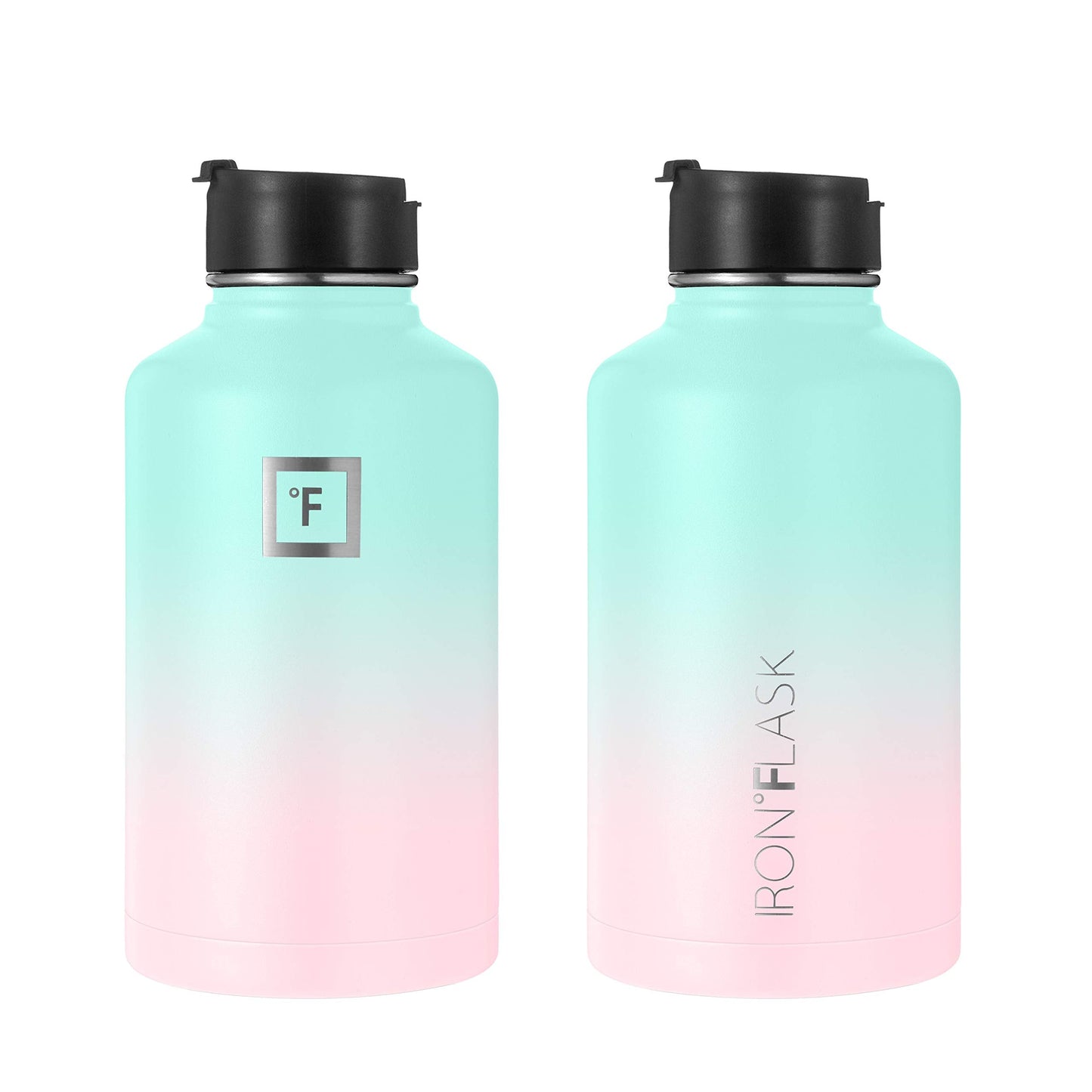 IRON °FLASK Camping & Hiking Hydration Flask, Wide Mouth, 3 Straw Lids, Stainless Steel Outdoor Water Bottle, Double Walled, Insulated Thermos, Metal Canteen - Bubble Gum, 64 Oz