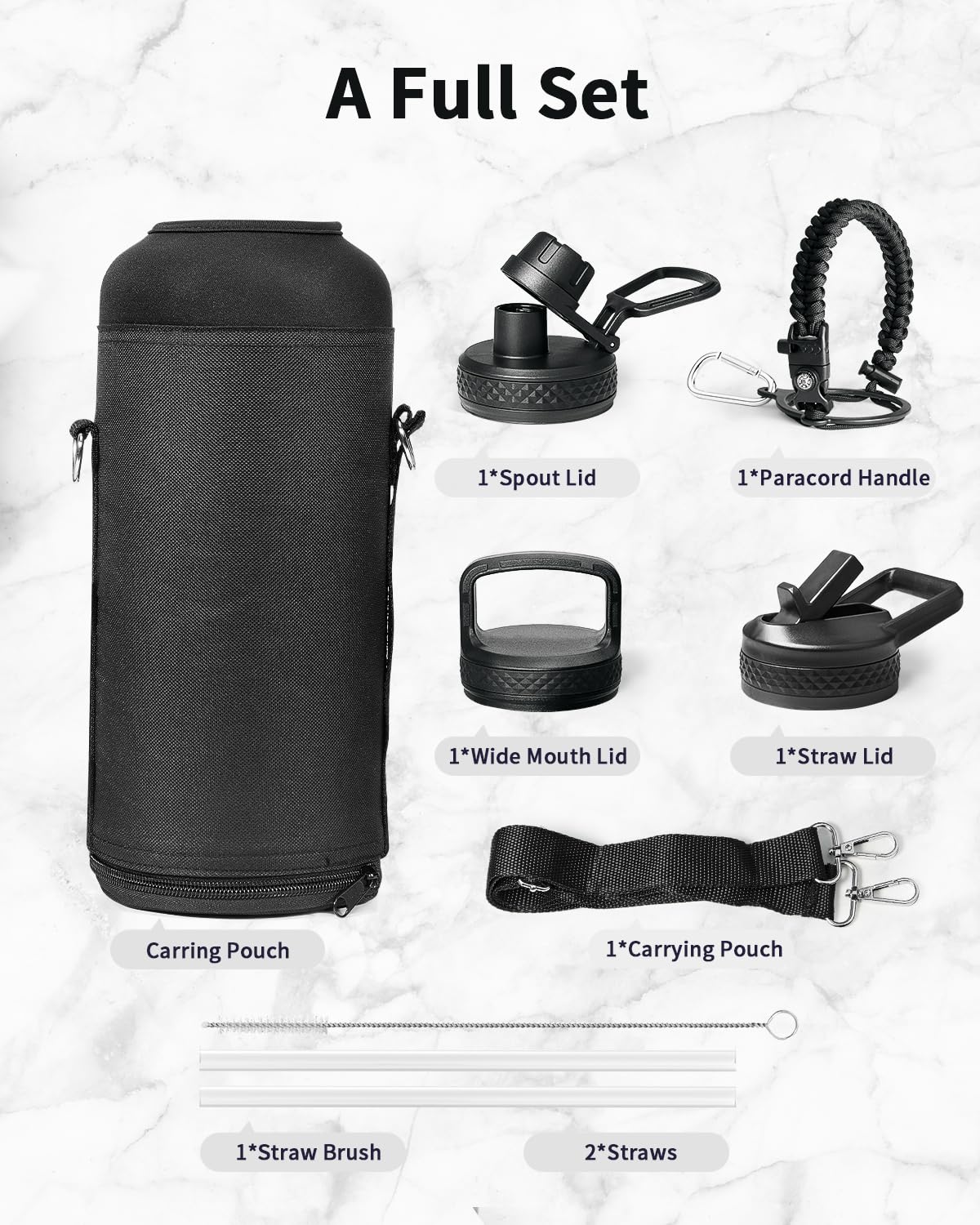 Trebo Water Bottle 87oz with Paracord Handle, Half Gallon Food-grade Double Wall Vacuum Stainless Steel Insulated Jug with Straw Spout Handle Lids, Leakproof Keep Cold & Hot,Black