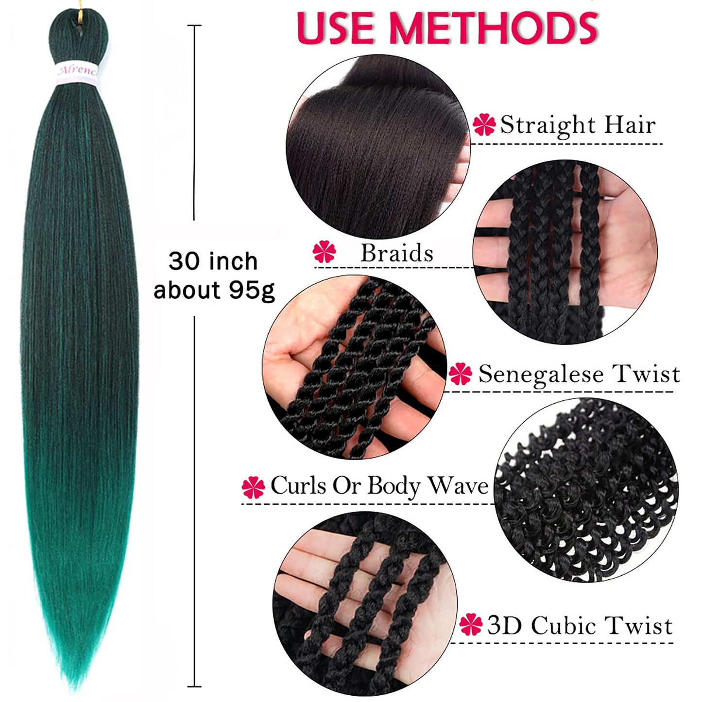 Alrence Pre Stretched Braiding Hair Long Braid 30 Inch 8 Packs Professional Braiding Hair Extensions Synthetic Crochet Twist Braids (30 Inch, 1B/Green)