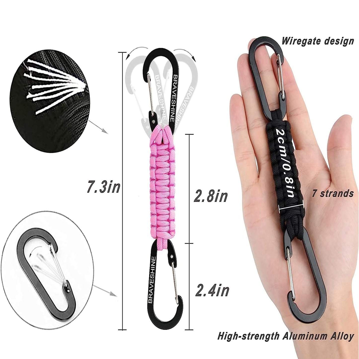 BRAVESHINE 1 Black 1 Purple Paracord Keychain Hook Carabiner Clips, Lanyard Hanger with D Ring Hooks Heavy-Weight Stroller Hook Holder for Water Bottle, Key, Tools, Boys, Girls, Men, Women
