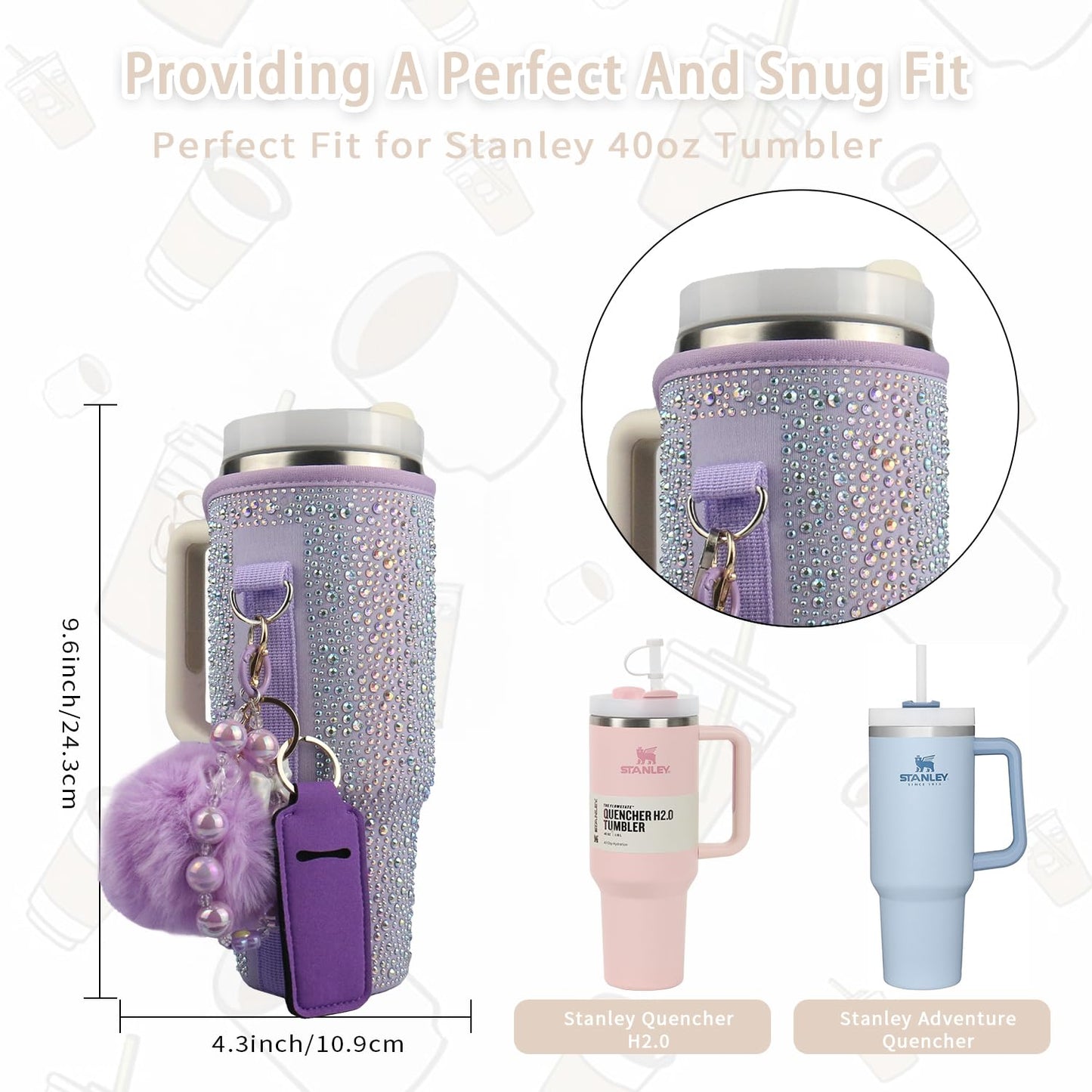 Water Bottle Carrier Bag for Stanley 40oz Tumbler - Stanley Cup Bag with Adjustable Strap, Straw Cover & Pompom Keychains - Stanley Cup Accessories, Purple Diamond