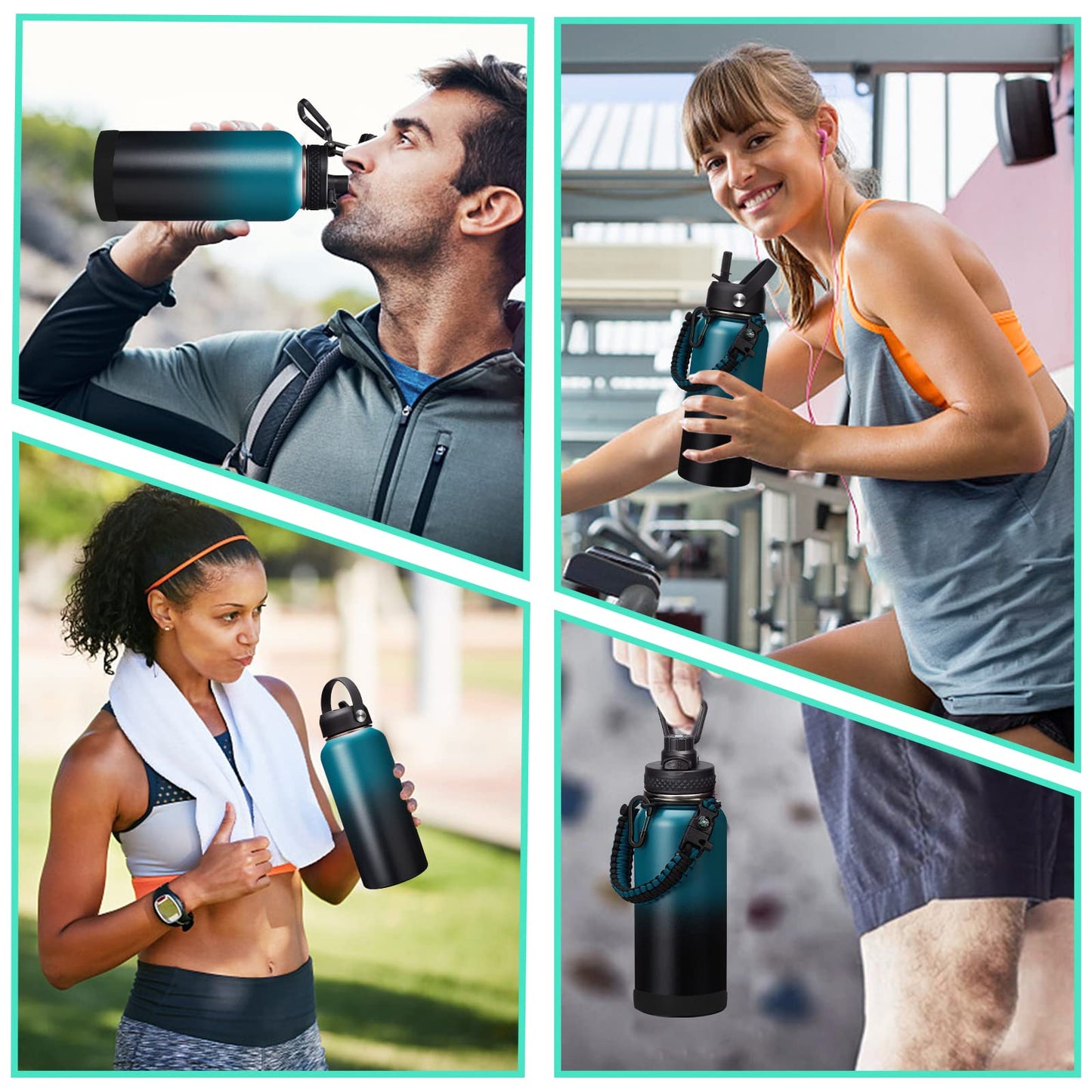 Vacuum Insulated Water Bottle 32oz - with Straw & Spout Lids, Paracord Handle, Shoulder Carrier Bag, Large Sport Stainless Steel Water Bottle, Double-wall Metal Water Bottle Thermal Hydro Mug Flask