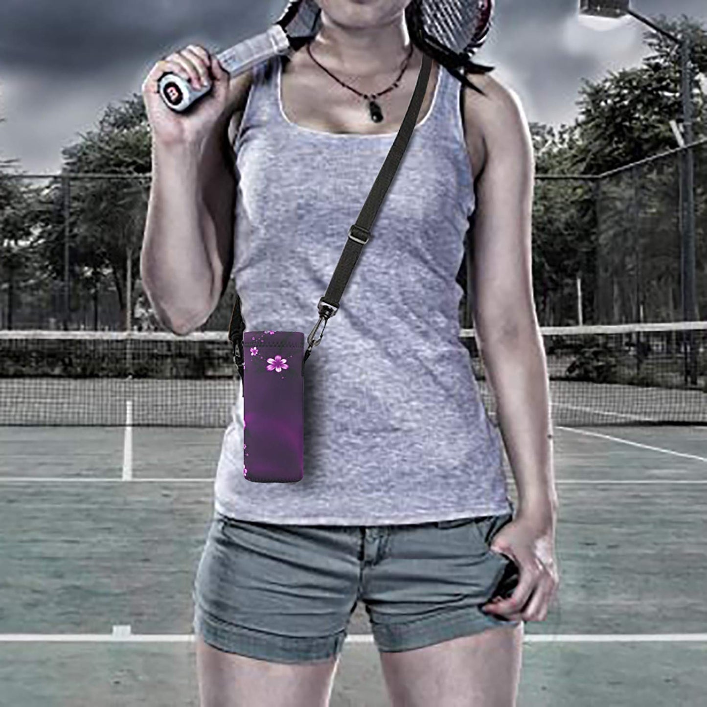 RICHEN Neoprene Water Bottle Carrier Bag with Adjustable Shoulder Strap,Insulated Water Bottle Cover for 500ml/16oz Stainless Steel/Glass/Plastic Bottles (Purple Flowers,500ML)