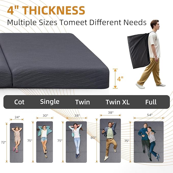 Memory Foam Camping Mattress Pad, 4 Inch Thick Waterproof Foldable Sofa Bed Floor Mattress, Portable Sleeping Pad for Adult, Sleeping Mat for Travel RV Camping Guest Yoga