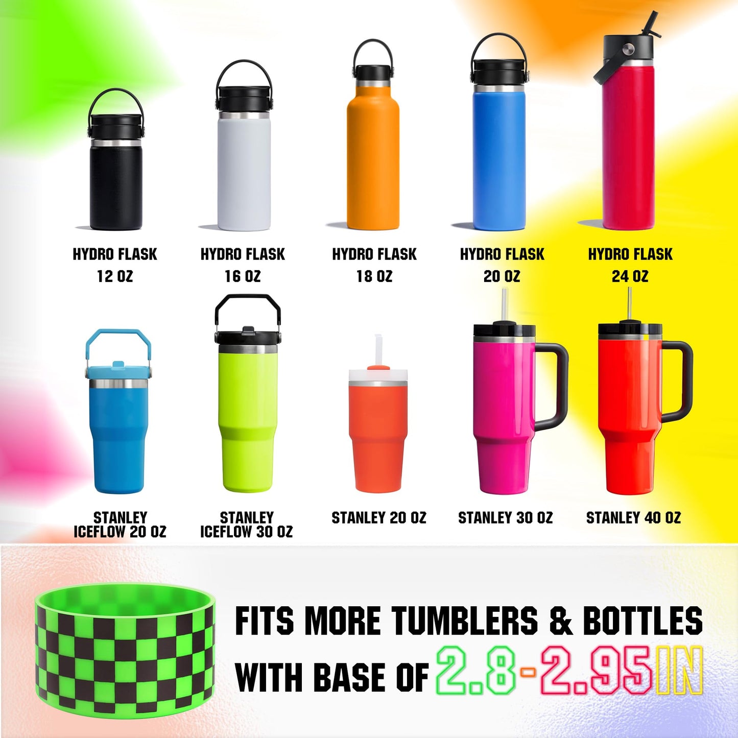 Neon Checkered Protective Silicone Boot for Stanley Tumbler 20-40oz, Made for Hydro Flask 12-24oz & Simple Modern 20-40oz, Antislip Sleeve for More Tumblers/Water Bottles of 2.8-2.95" Base, Neon Green