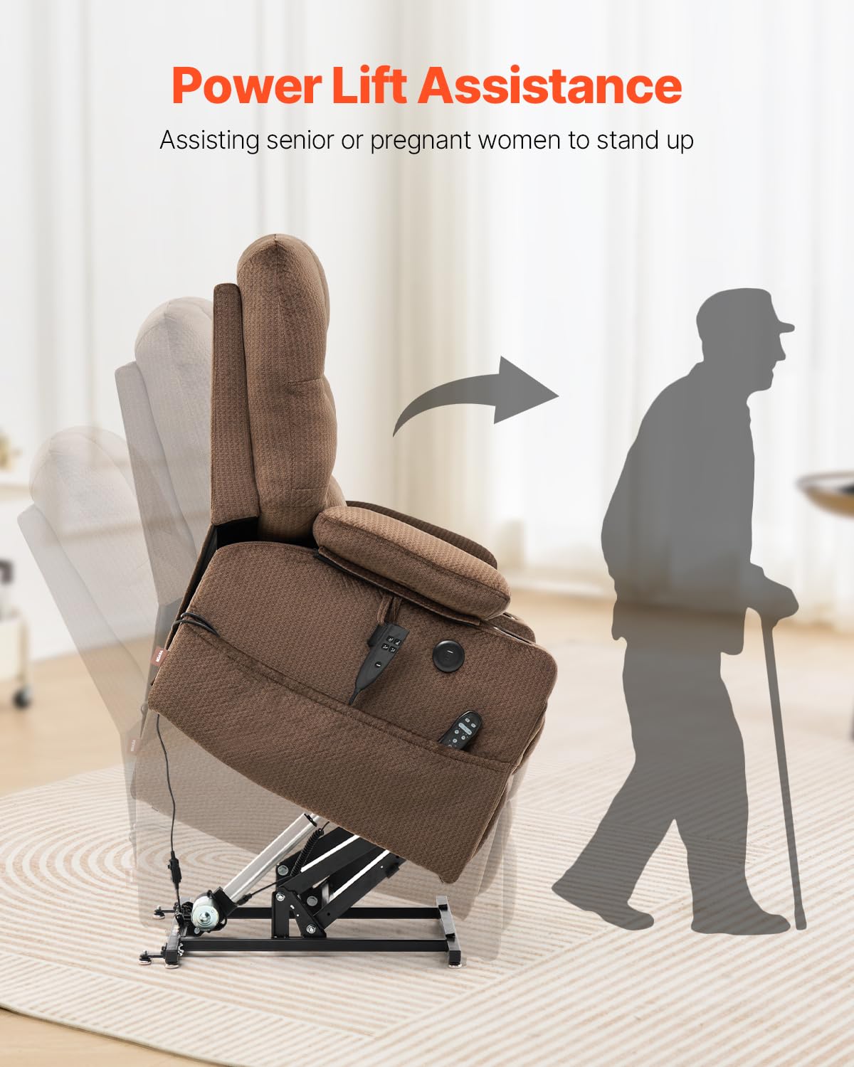 VEVOR Power Lift Recliner Chair, Dual Motor Lift Chair with Heat and Massage for Elderly, 2 Cup Holders and USB Port Infinite Position Adjustment Electric Recliner (Large, Brown)