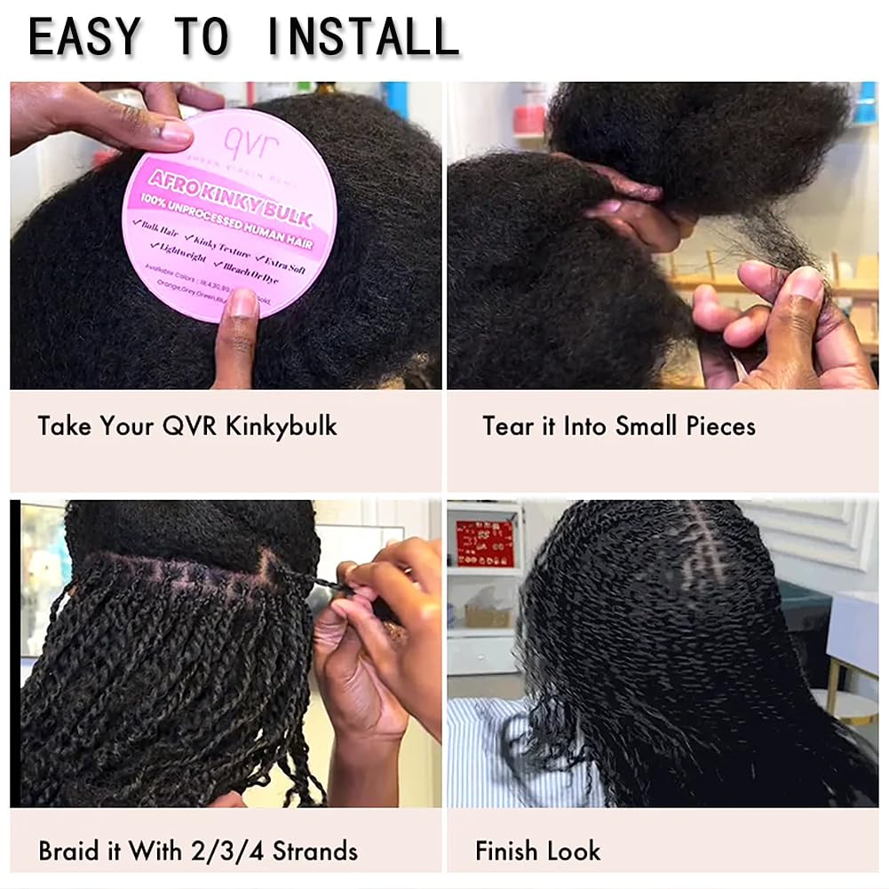 QVR Afro Kinkys Bulk Human Hair for Dreadlock Extensions Repair Locs, Mixed M4/30 12inch Spring Twist Braiding Afro Kinky Human Hair for Locks 50 Gram/Pack