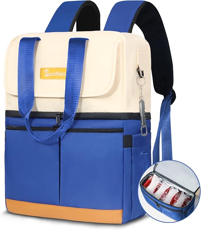 Backpack Cooler with Double Decker & 12 Ice Packs- Keeps 36 Cans Cold for Up to 24 Hours- Waterproof & Leak Proof Insulated Cooler Backpack- Stylish Cooler Bookbag for Women Travel Work Beach