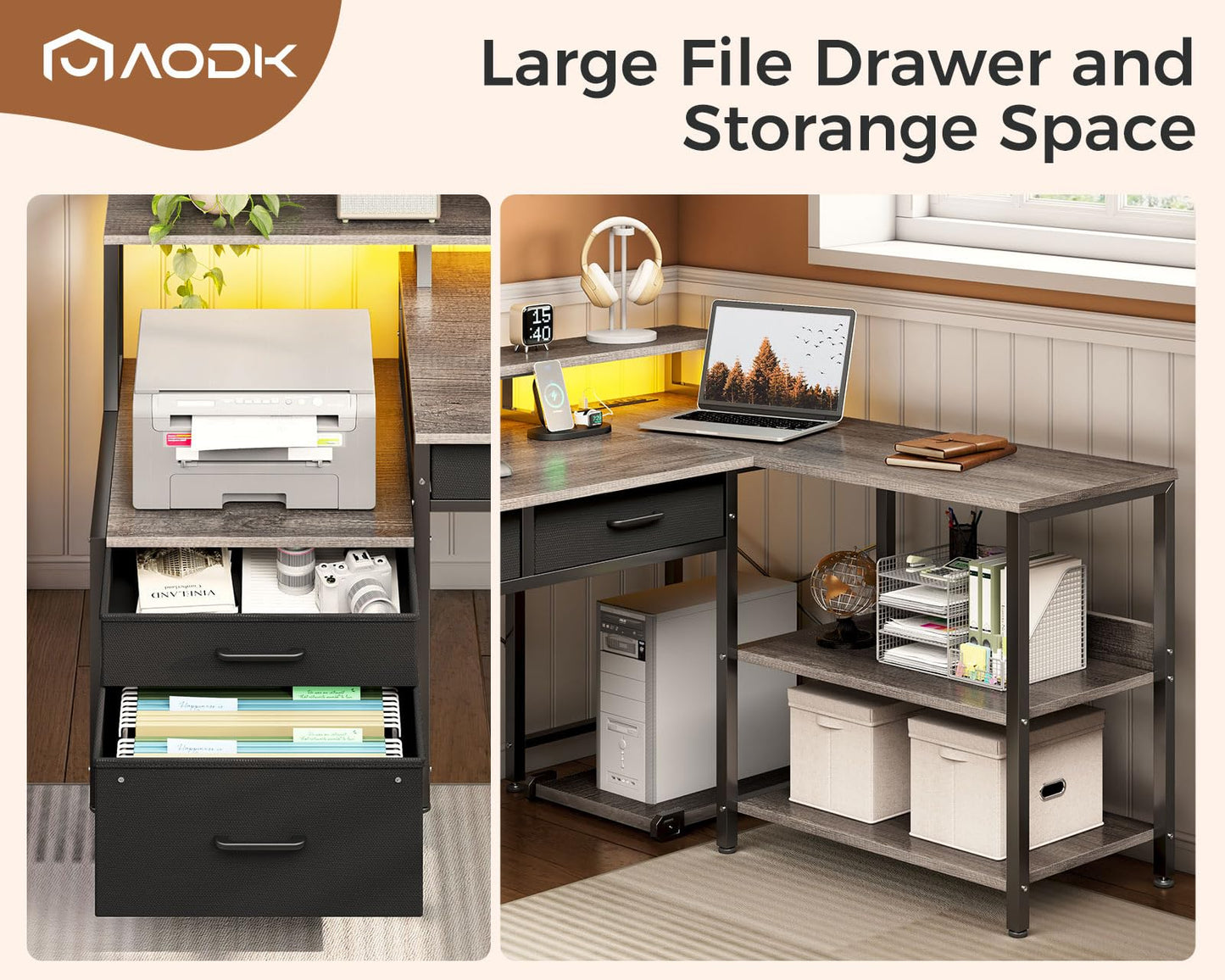 AODK L Shaped Desk with 5 File Drawers, 75" Reversible L Shaped Computer Desk with Power Outlet & LED Strip, Office Desk with Storage Shelves, Gaming Table with Monitor Shelf, Corner Table, Grey Oak