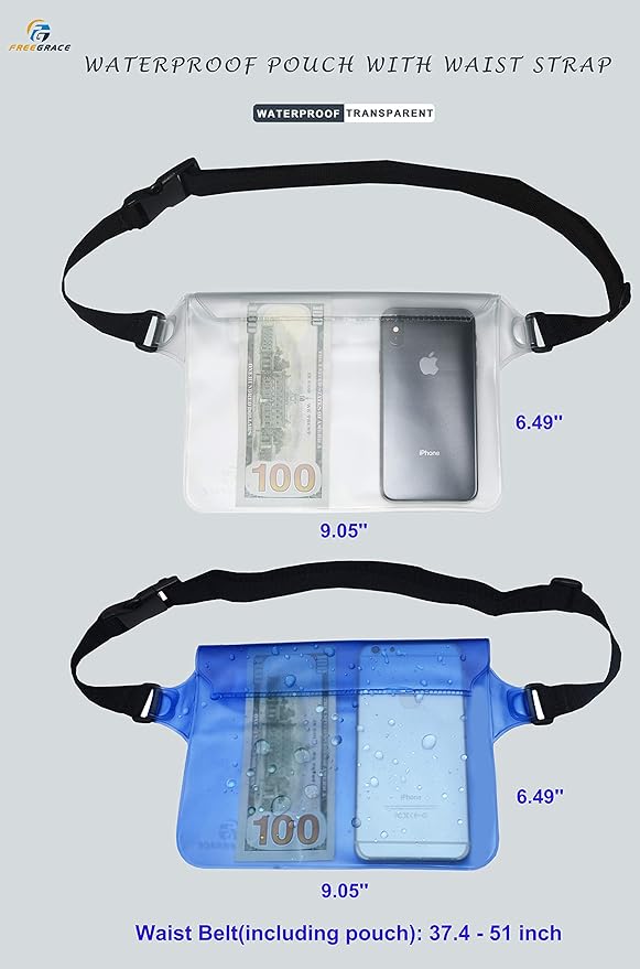 Waterproof Pouches with Waist Strap / Pouch Case Bundle Set- Keep Your Phone & Valuables Dry and Safe - Waterproof Dry Bags for Boating Swimming Snorkeling Kayaking Beach Water Parks Pool