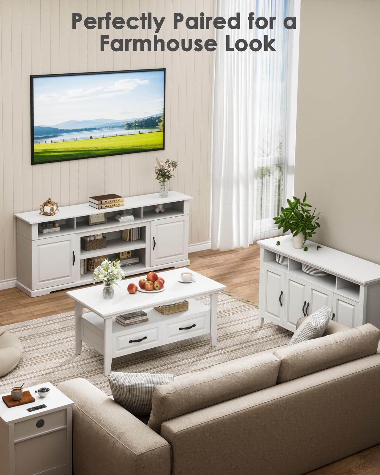 Amada White Coffee Table for Living Room, 39.4" Farmhouse Wood Coffee Table with Storage, Featuring Open Display Shelf, Hidden Drawers, Robotic Vacuum-Friendly, Ideal for Home Office, White