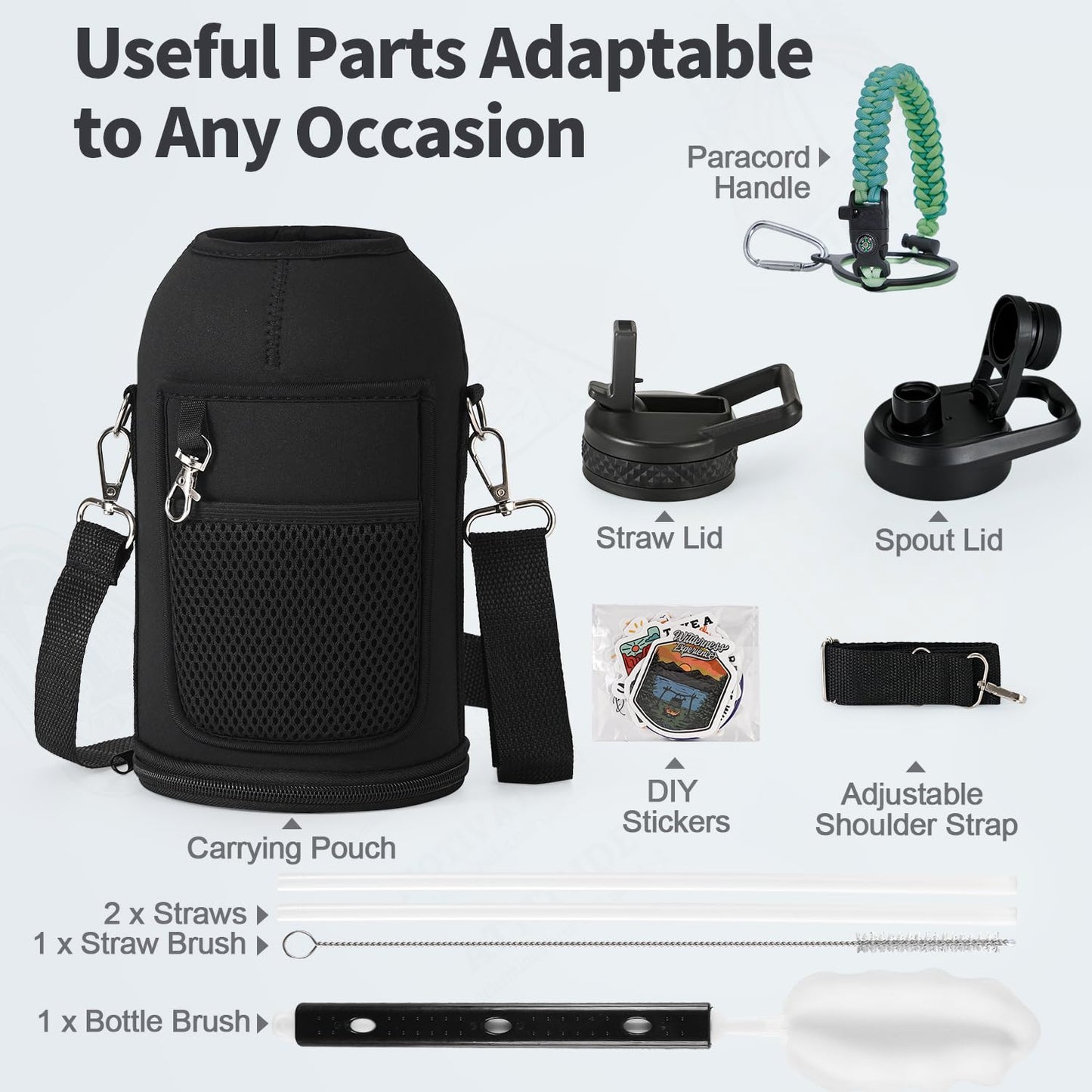 WixByti 64 oz Insulated Water Bottle with Straw (Cold for 48 Hrs), Half Gallon Stainless Steel Triple Wall Vacuum Sports Water Jug, Leakproof Hydro Cup Flask with Straw Spout Lids & DIY Stickers