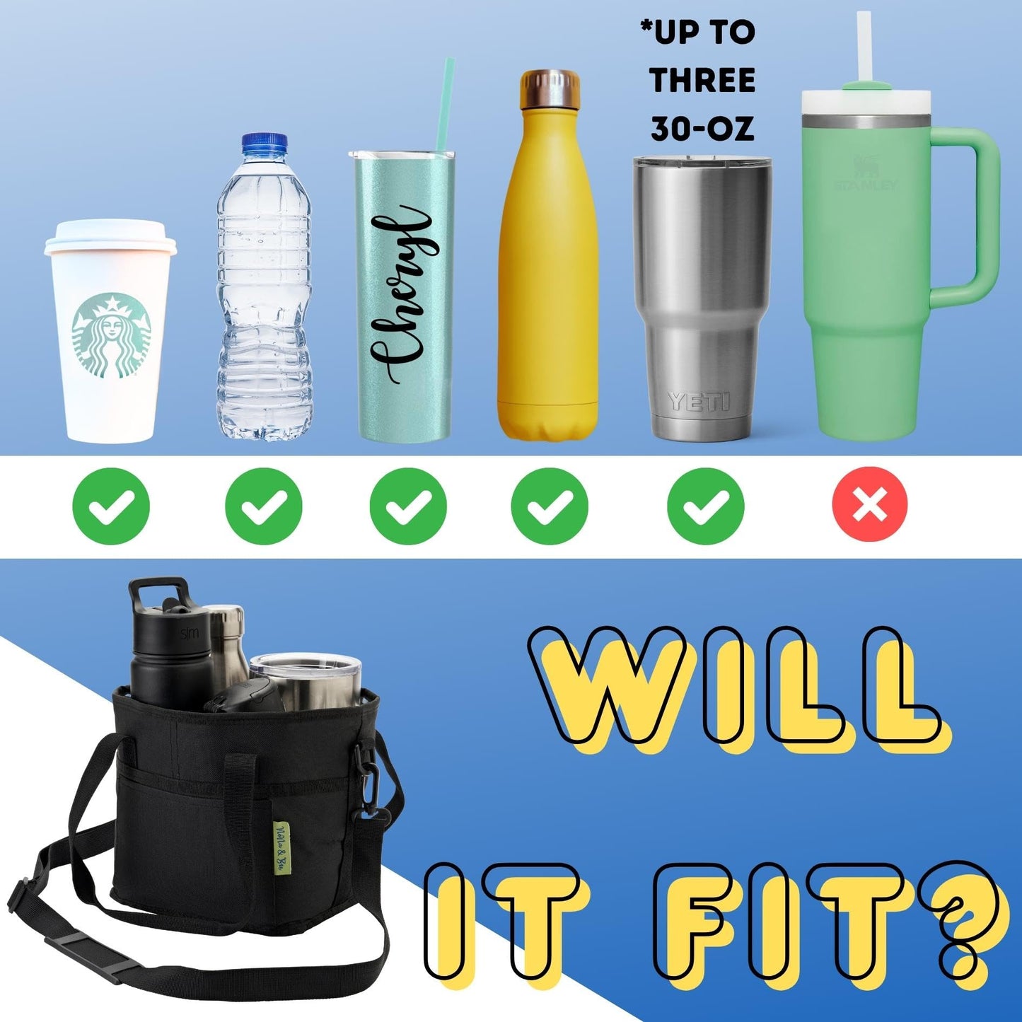 4 Water Bottle Holder with Strap | Family Size 4 Compartment Drink Bag, Multiple Tumbler Carrier Caddy | Adjustable Fits Large & Small Drinks | Hands Free, Won't Tip Over in Car (Purple)
