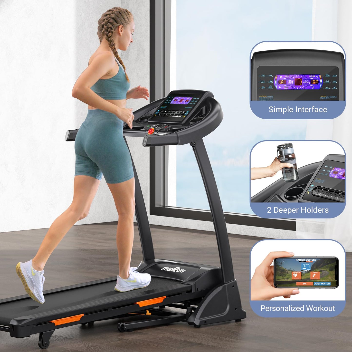 THERUN Incline Treadmill, Treadmills for Running and Walking, 300 lbs Weight Capacity Folding Treadmill with 0-15% Auto Incline, Wide Belt, 3.5 HP, App, Heart Rate, Orange