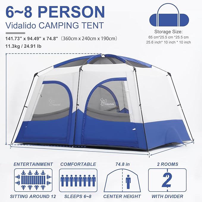 Vidalido Tents,6-8 Person Camping Tent with Extended Vestibule,2 Room Weather Resistant Family Tents,Easy Install Waterproof Outdoor Tent for Backpacking and Camping Hiking