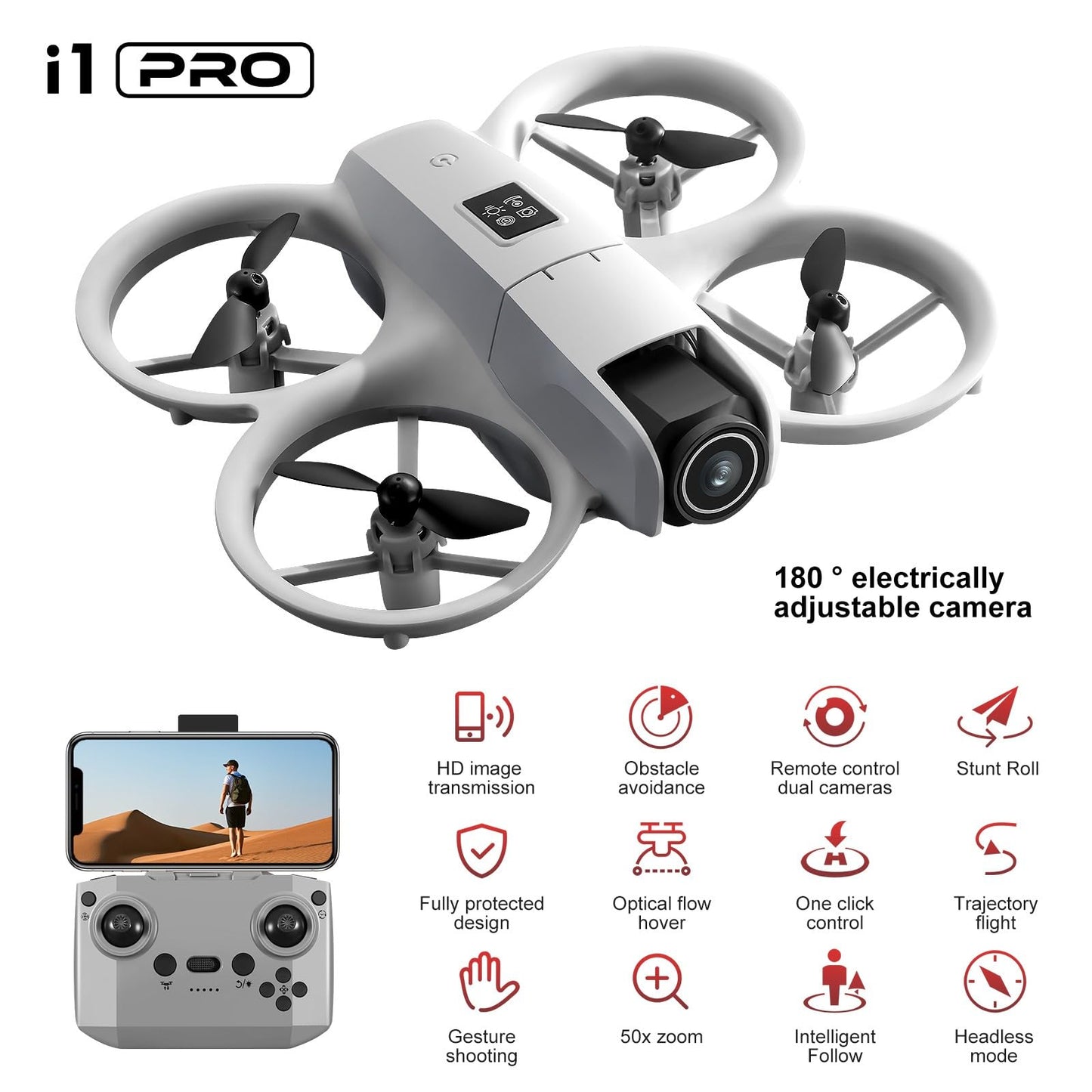Mini Drone with Dual ESC Camera And Cool Light for Adults, Self Flying Drone that Follows You, 360° Flip, Gesture Photography/video recording, Stabilized Video