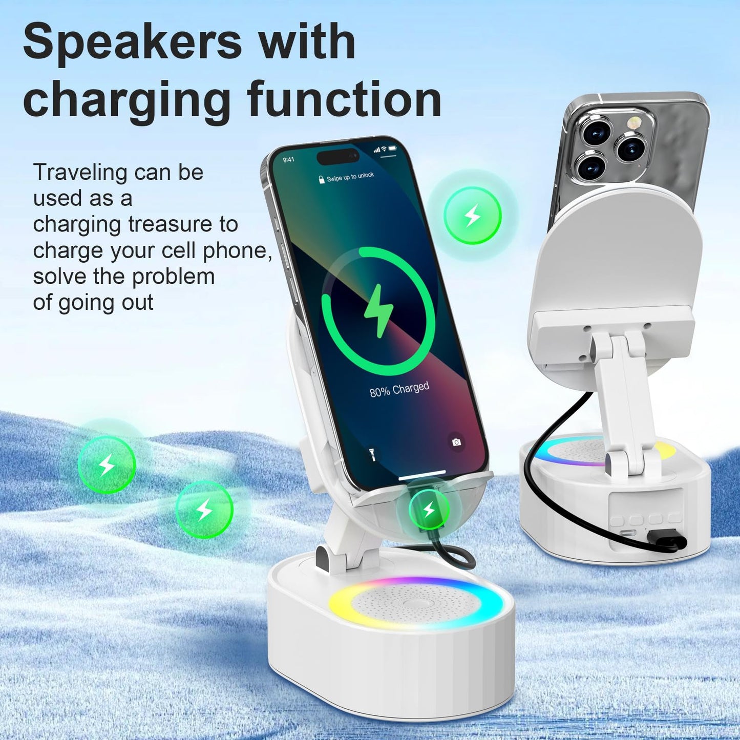 AKLLCCR Wireless Induction Audio Bluetooth Speaker 5in1 Phone Holder Emergency Rechargeable (3000mAh) with Colorful Ambient Light 300° Foldable for Tablet iPhone Android, Gifts for Men Women (White)