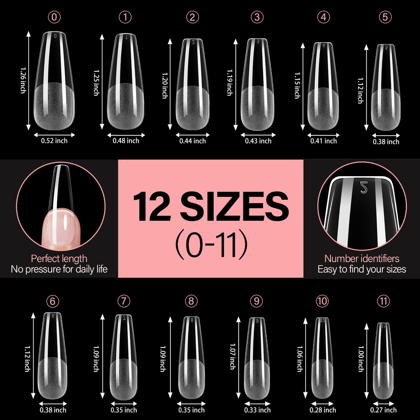 AILLSA Long Coffin Nail Tips Half Matte Full Cover Nails Tips Clear Acrylic Pre-Shaped Tips Flase Press on Nail Tips for Extentions Nails Manicure Salon DIY 216PCS 12 Sizes