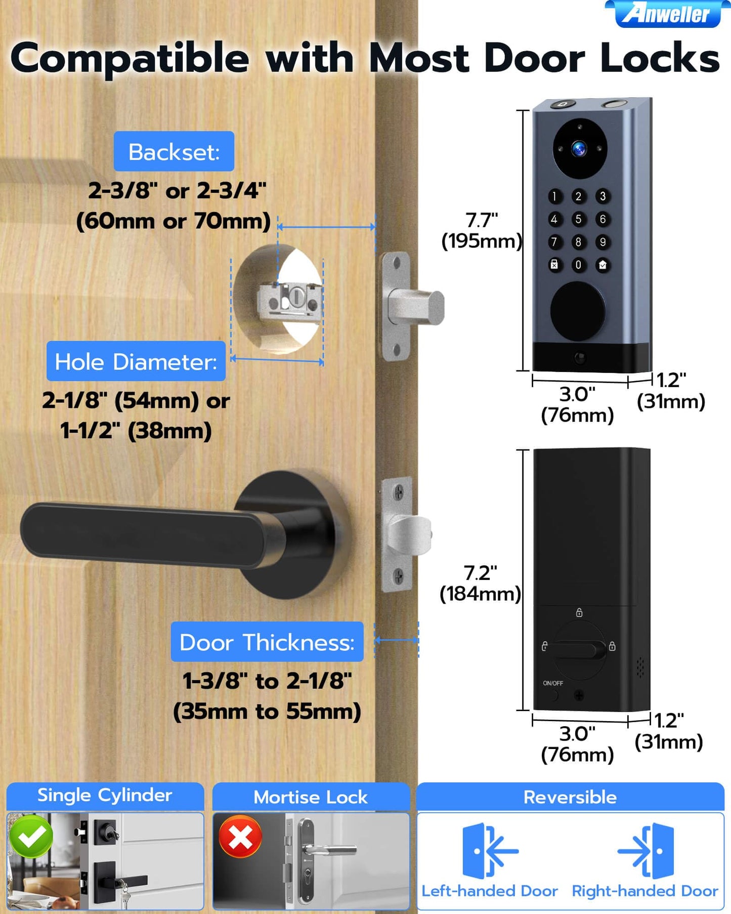 Anweller Smart Door Lock with Camera, WiFi Deadbolt with Video Doorbell, Fingerprint Biometric Electronic Keyless Entry Front Door Lock with Code Keypad for Exterior Doors, 10000mAh Battery