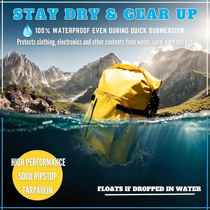 Tactiko 30L Heavy-Duty 100% Waterproof Backpack - Dry Roll-Top Floating Backpack - Rip-Stop Tarpaulin - Comfortable Padded Shoulders & Back - Waist Strap - Large Utility Pocket, Carabiner (Yellow)