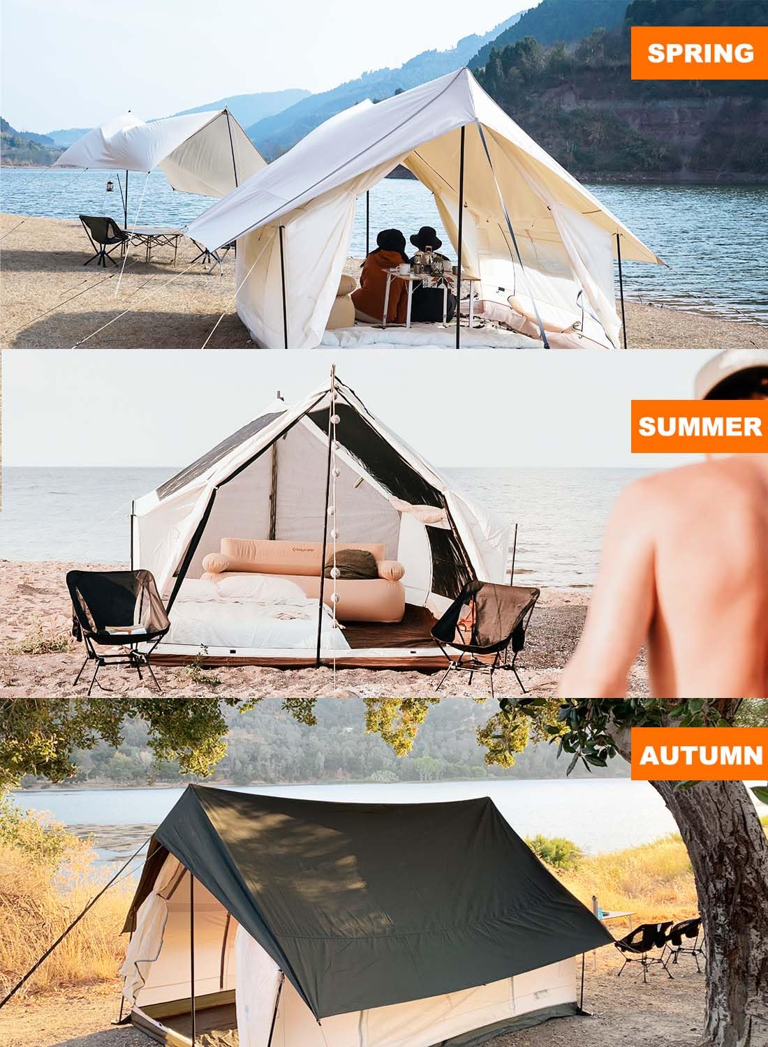 KingCamp Canvas Cabin Tent with Large Windows, Waterproof & Breathable 3/4 Season Tents, Easy Setup Glamping Tent with Carry Bag, for Camping, Picnic Olive Green