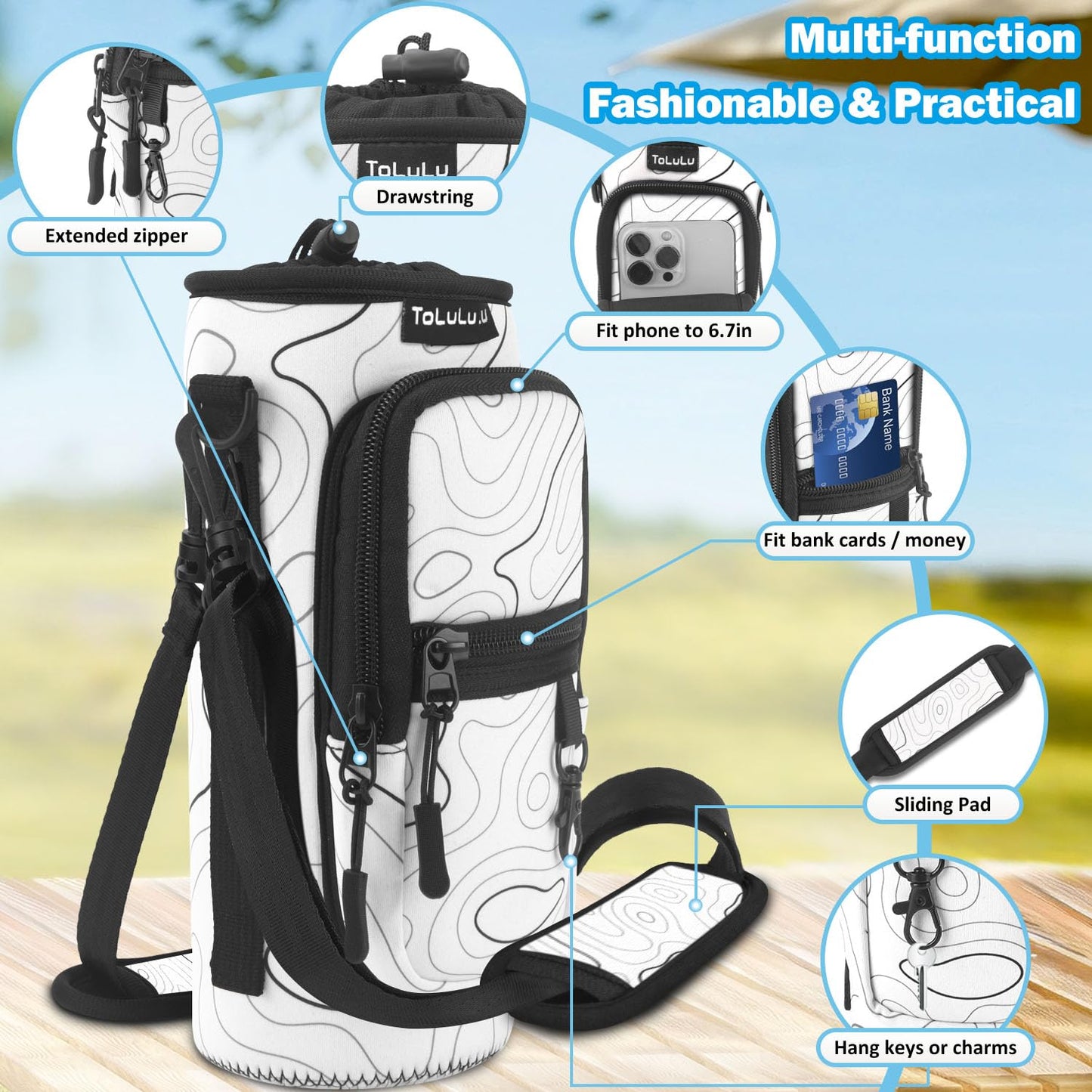 25/32/40oz Water Bottle Carrier Bag Pocket, Crossbody Insulated Neoprene Adjustable Shoulder Strap Water Bottle Pouch Case, Water Bottle Holder Sling Sleeve for Walking Hiking Travelling, Arts White