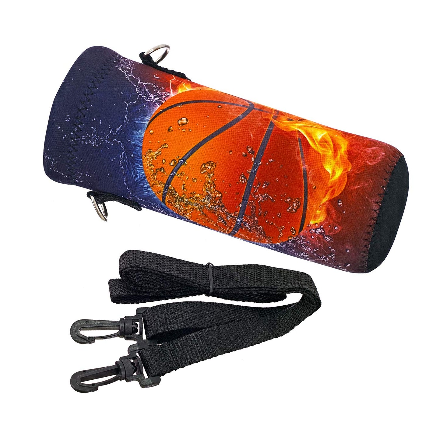 RICHEN Neoprene Water Bottle Carrier Bag with Adjustable Shoulder Strap,Insulated Water Bottle Cover for 500ml/16oz Stainless Steel/Glass/Plastic Bottles (Basketball Fire,500ML)