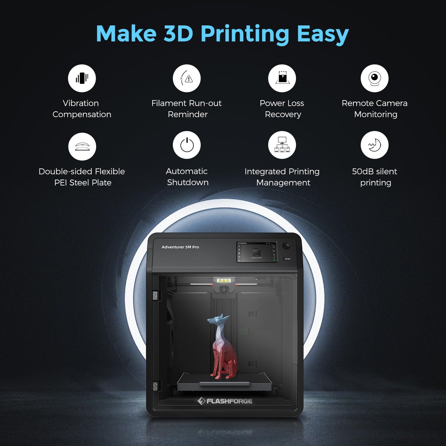 FLASHFORGE 3D Printer Adventurer 5M Pro, High Speed Printing Enclosed 3D Printer for School, Family and Students, 220x 220x 220 mm