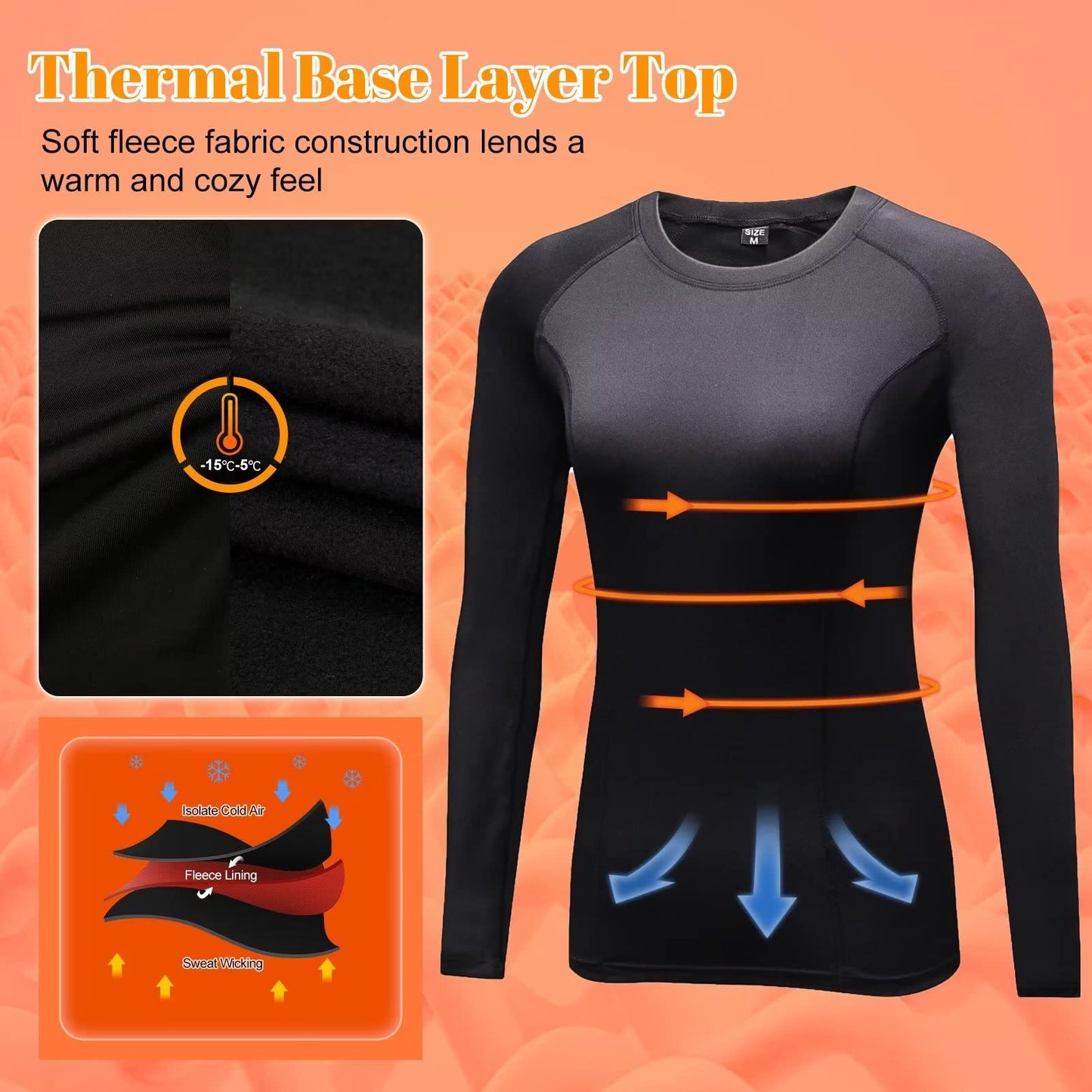 Womens Thermal Tops Long Sleeve Fleece Hiking Ski Base Layer Women Cold Weather Sports Gym Shirts Athletic Ladies Thermal Underwear Tops for Workout Running,Quick Dry Moisture Wicking 5021 Black S