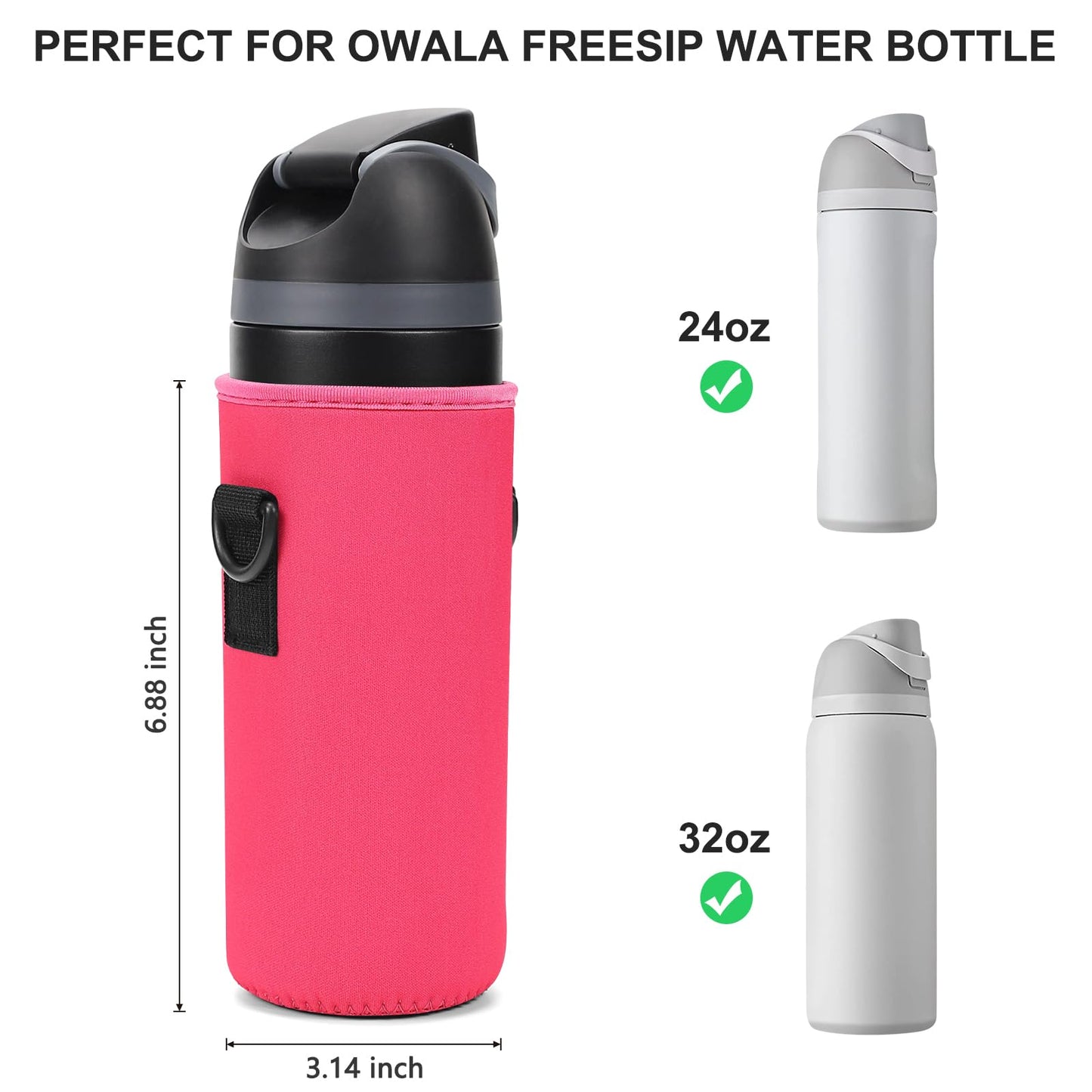 MEETI Neoprene Water Bottle Carrier Bag with Adjustable Shoulder Strap for Owala 24 OZ Tumbler, Insulated Water Bottle Cover for Owala FreeSip Insulated Water Bottle (Bright Pink, 24 OZ)