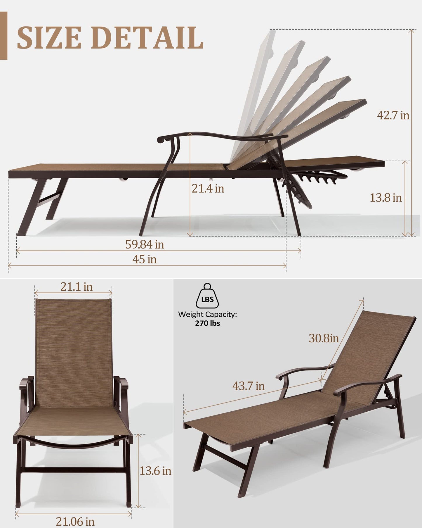 VredHom 2PCS Outdoor Chaise Lounge Chair, Patio Chaise 5 Position Adjustable Backrest Recliner Ergonomic Armrest All Weather Textiline Aluminum Chairs Set of 2 for Patio, Beach, Yard, Pool,Brown