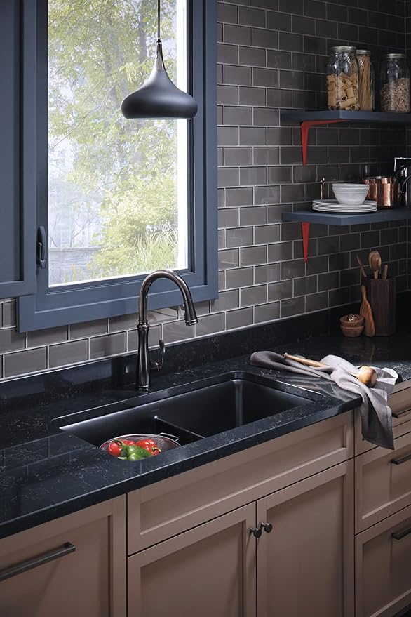 KOHLER K-8199-CM1 Cairn Sink, 33" Neoroc Composite Undermount Double-Bowl Kitchen Sink, Composite Kitchen Sink with Sink Rack, Matte Black