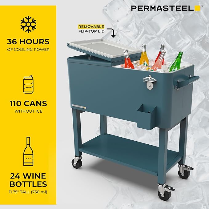 Permasteel Party Cooler with Removable Basin, Spacious 80-Qt Capacity, Rolling Ice Chest for Indoor and Outdoor Entertainment Teal + Bonus Cover