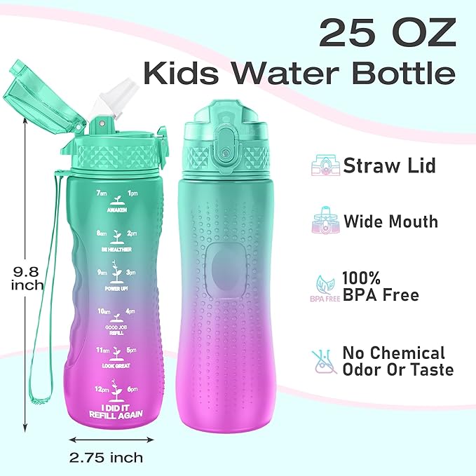 OLDLEY Kids Water Bottle for School, 25 oz (Straw Lid) BPA-Free Reusable Leak-proof Durable Tritan Plastic Water Bottles with One-handed Opening Straw Lids, Anti-dust Spout Cover (Blue-Purple)