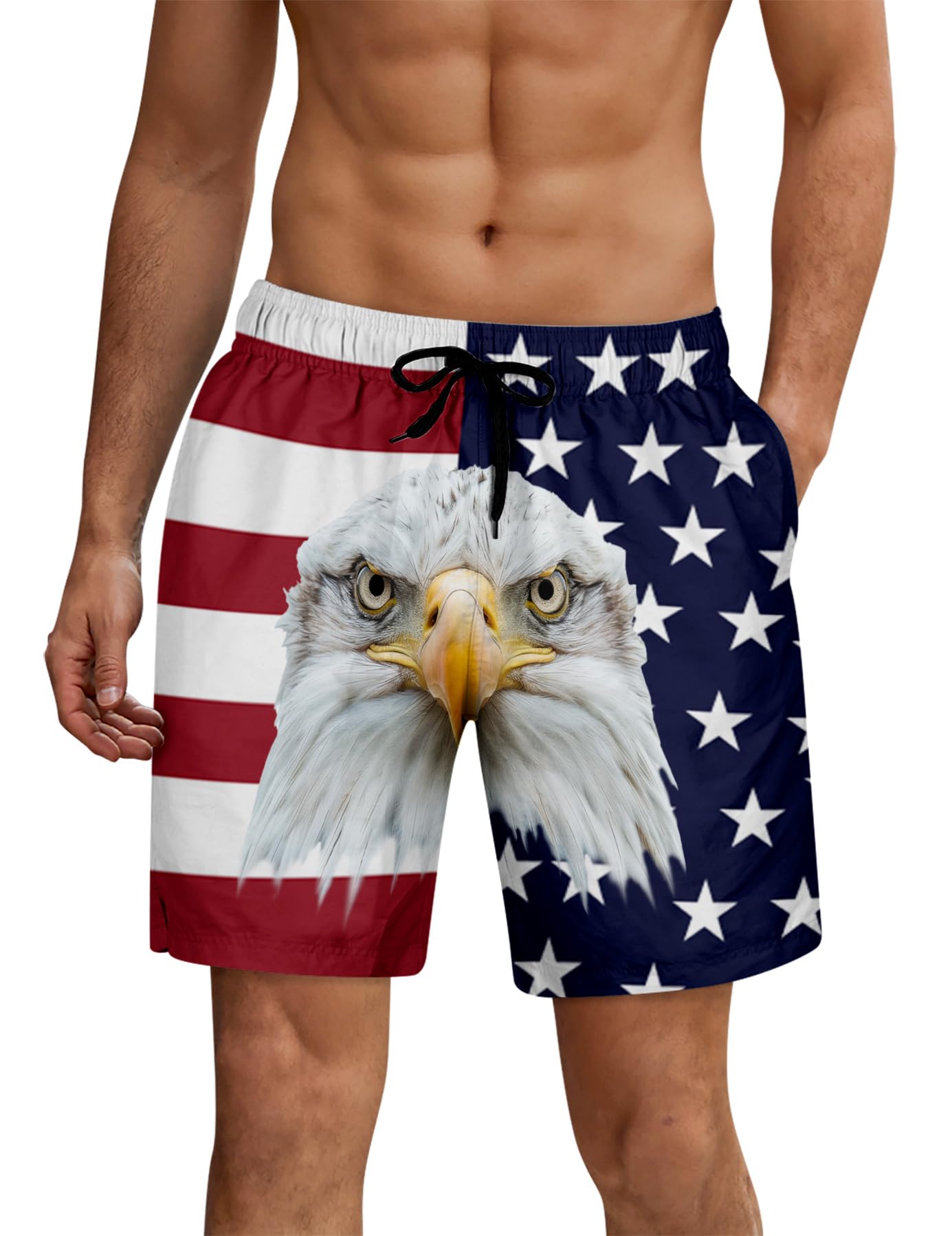ALISISTER Men American Flag Swim Trunks Compression Liner Fourth of July Board Shorts Independence Day Boardshorts USA Swimsuits Cool Swimwear 7 Inch