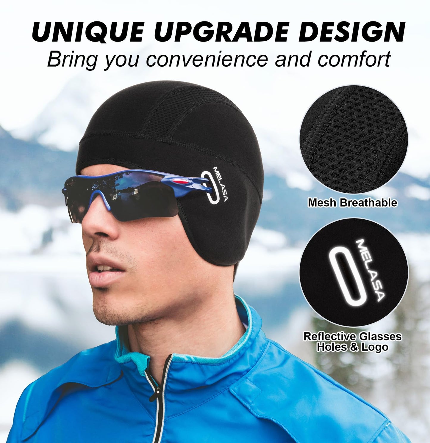 MELASA Thermal Fleece Skull Cap Beanie with Glasses Holes, Ear Warmer Helmet Liner, Winter Cycling Bike Hat for Men Women Grey