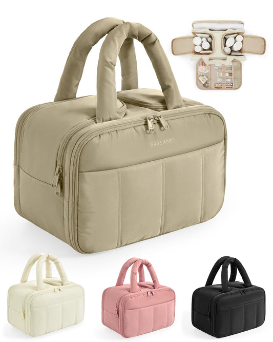 BAGSMART Travel Toiletry Bag, Puffy Large Toiletry Bag for Women, Lightweight Cosmetic Makeup Bag Organizer with Handle for Traveling, Accessories, Essentials, Toiletries (Beige