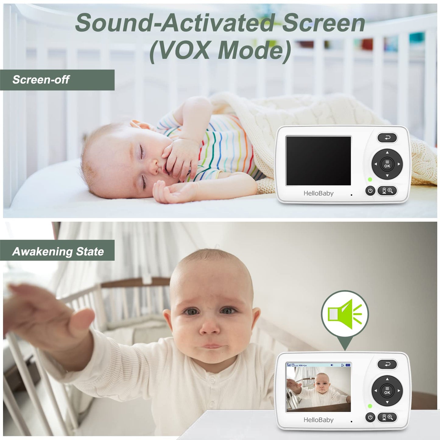 Hellobaby HB30 Video Baby Monitor with Digital Camera and Audio, No WiFi No App Safety Baby Monitor, 8 Languages, Auto Night Vision, 1000ft Transmission Range, 2.4 inch Portable Screen, White