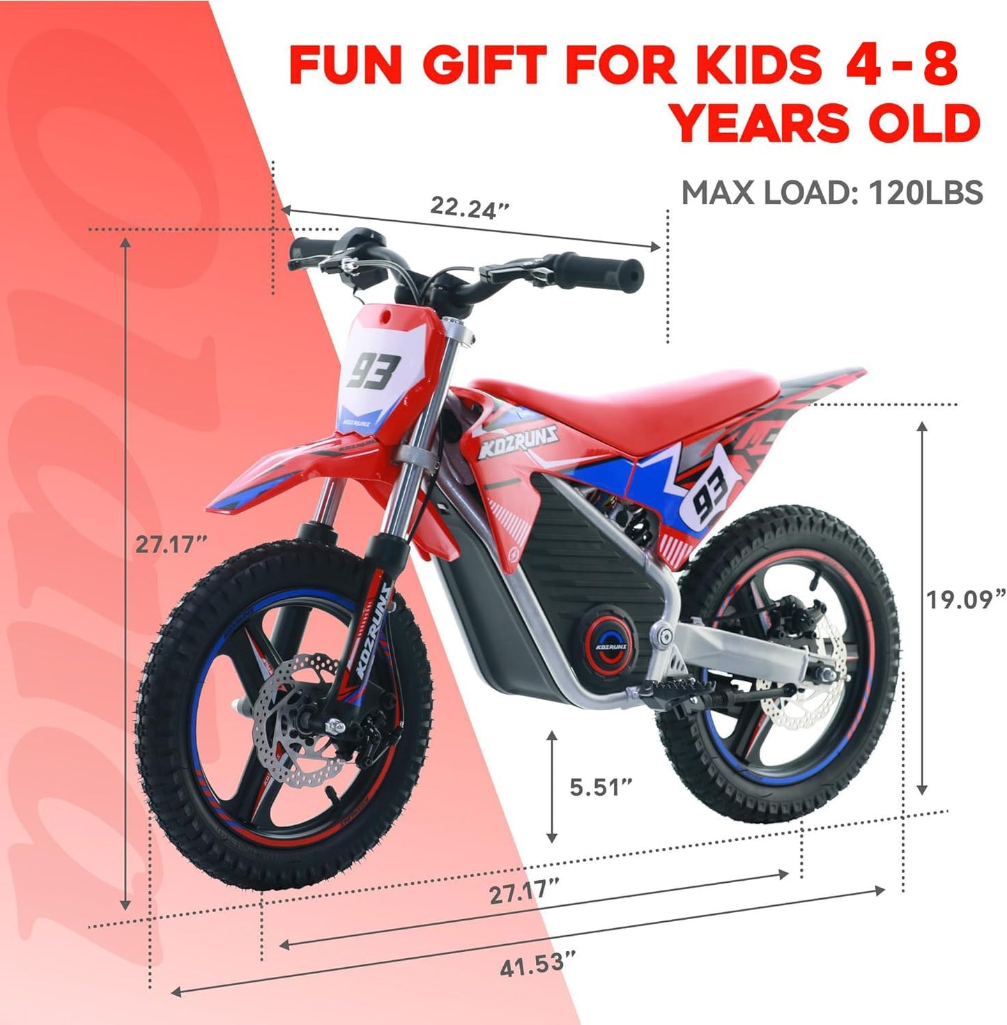OLALA 36V Electric Dirt Bike for Kids Aged 4-8, Brushless 350W Racing Grade Electric Motorcycle, Up to 18.6MPH & 3 Speed Settings, Dual Disc Brakes, 14'' Off-Road Knobby Tires, Red