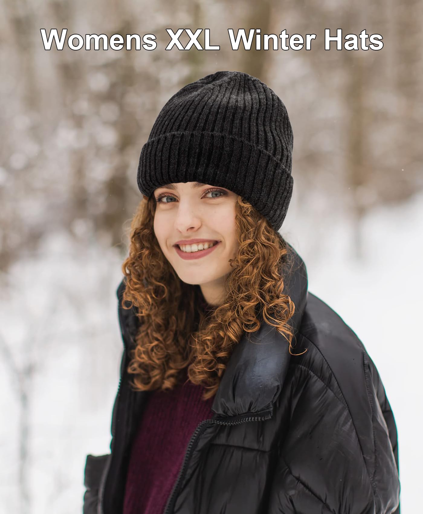 Oversize XL XXL Merino Wool Beanie for Men Big Head, Large Winter Stocking Hats, Plus Size Cuffed Beanie Skull Cap, Big Knitted Ski Hats Charcoal Grey