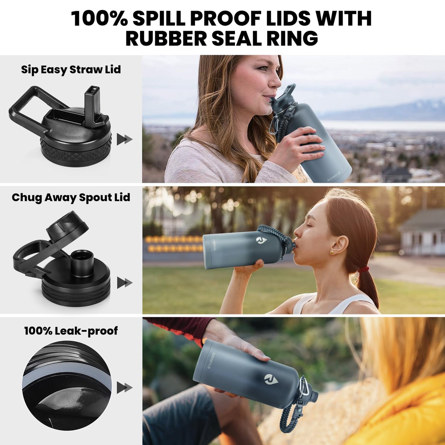 RAYMYLO Insulated Water Bottle 87 oz, Triple Wall Vacuum Stainless Steel (Cold for 48 Hrs), Leak Proof & Non-BPA, Modern Water Flask Jug with Paracord Handle & Straw Spout Lids, Dark Grey