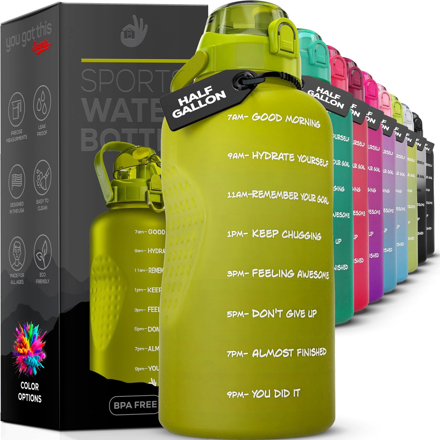 YOU GOT THIS LIVING Motivational Water Bottle with Time Marker,Half Gallon Water bottle with Straw 64 oz/2.2L Gym Water Bottle, Achieve All-Day Hydration SpillProof, BPA FREE