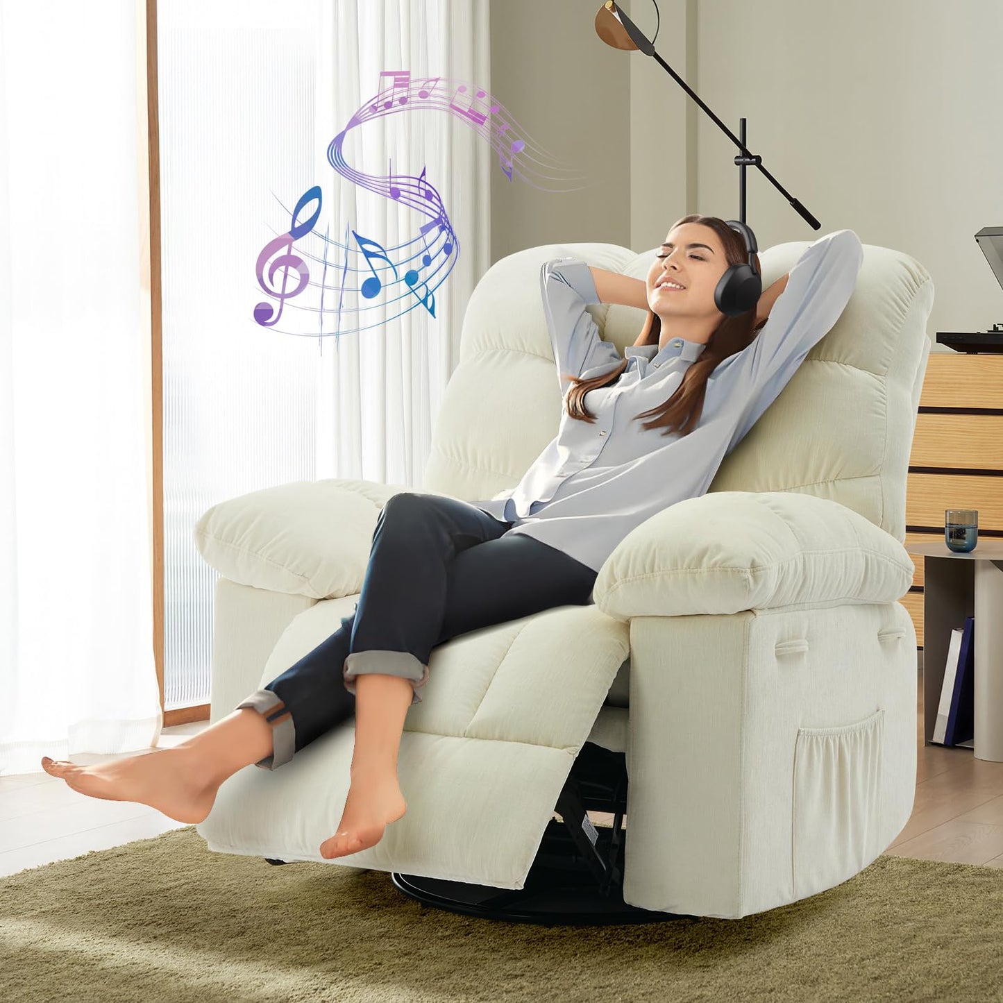 Rocking Recliner Chair,360° Swivel Rocker Chair for Living Room,Upholstered Fabric Glider Nursery Chair with Side Pockets for Small Spaces,Q235 Steel Frame Lazy Boy Recliner Single Sofa(Beige)