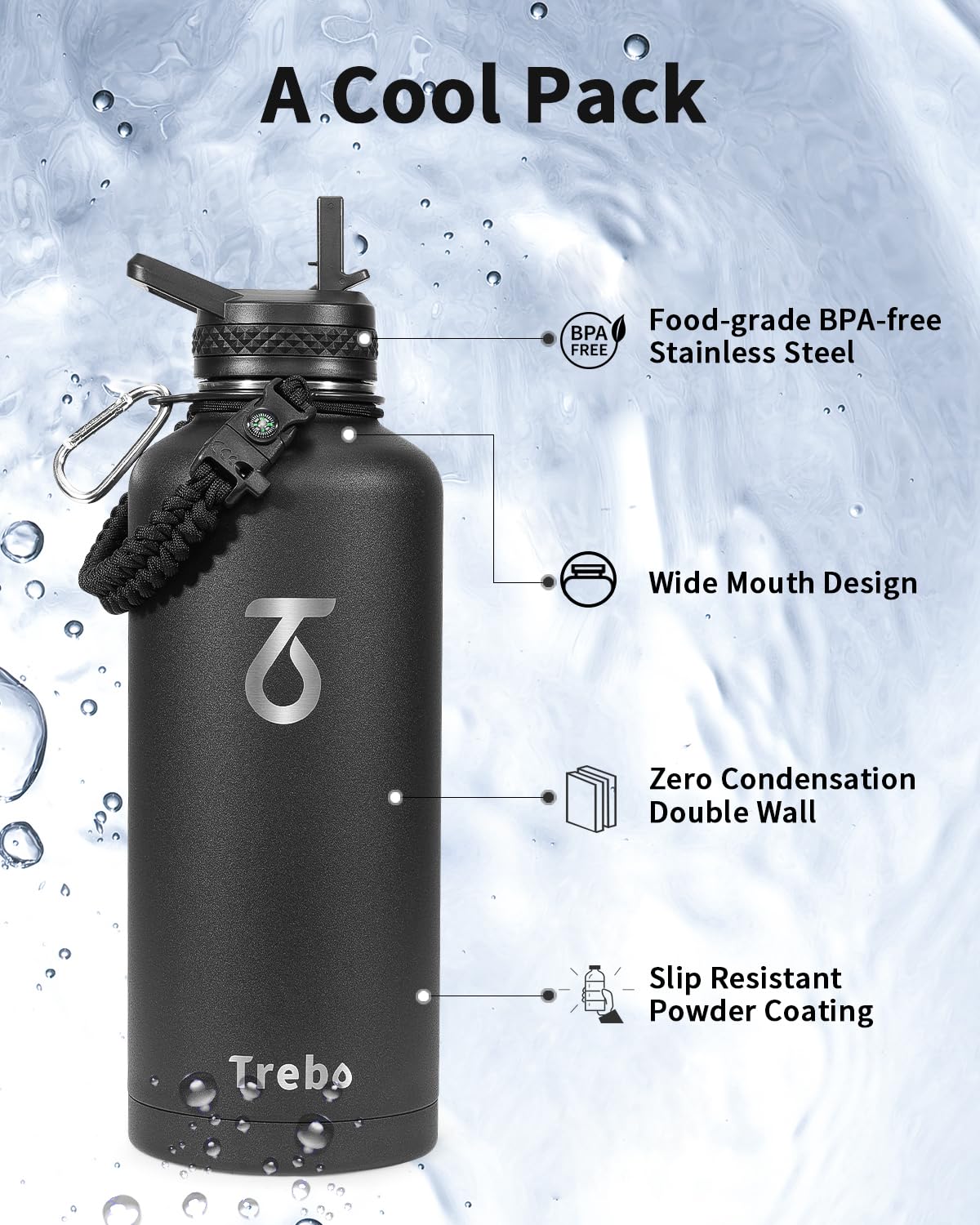 Trebo Water Bottle 87oz with Paracord Handle, Half Gallon Food-grade Double Wall Vacuum Stainless Steel Insulated Jug with Straw Spout Handle Lids, Leakproof Keep Cold & Hot,Black