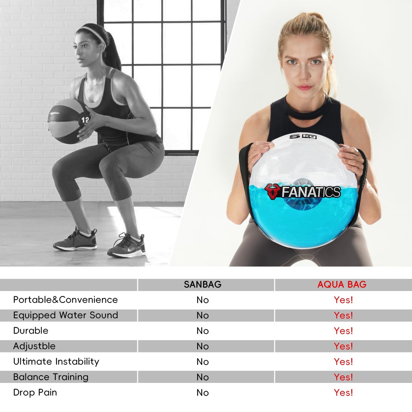 FANATICS Aqua Bags Training Power Bag Water Sandbag with Water Weight, Adjustable Water Filled Weight Balance Trainer, Sandbag Kettlebell Alternative Portable Strength Training Equipment
