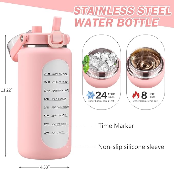 BLUEGO 64oz Insulated Water Bottle with Straw and Handle Leakproof Half Gallon Wide Mouth Motivational Water Bottle, 2-IN-1 Straw Spout Lid Stainless Steel Water Jug for Sport Travel Gym-Pink