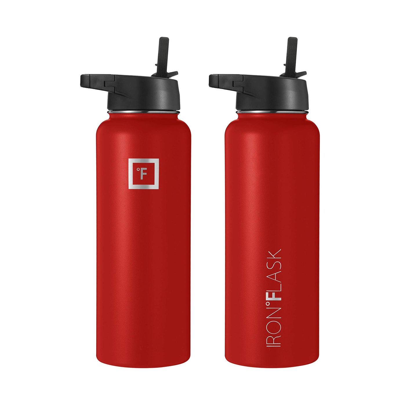 IRON °FLASK Camping & Hiking Hydration Flask, Wide Mouth, 3 Straw Lids, Stainless Steel Outdoor Water Bottle, Double Walled, Insulated Thermos, Metal Canteen - Fire Red, 14 Oz