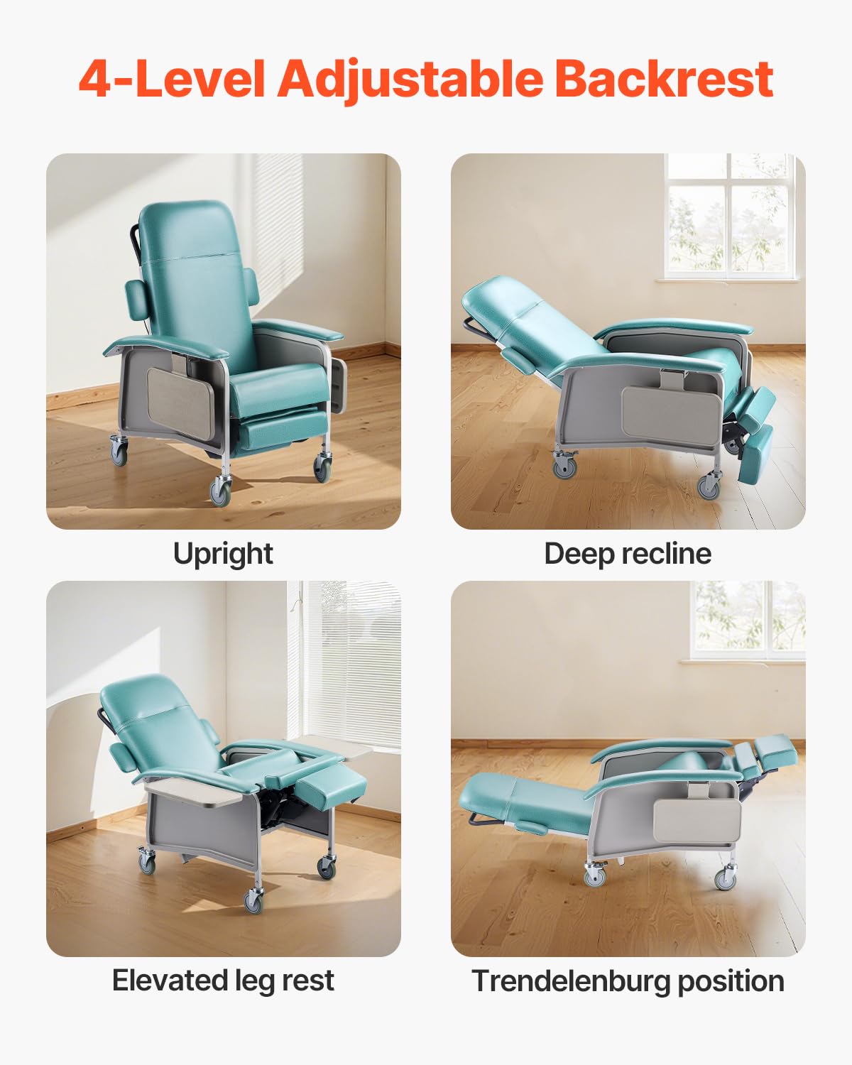 VEVOR Geri Chair Recliner, 4-Position Reclining Geri Chair, Trendelenburg Medical Recliner Chair with 4 Wheels, Soft Padded Seat & 2 Trays for Hospital, Nursing Home, Geriatric Home Care